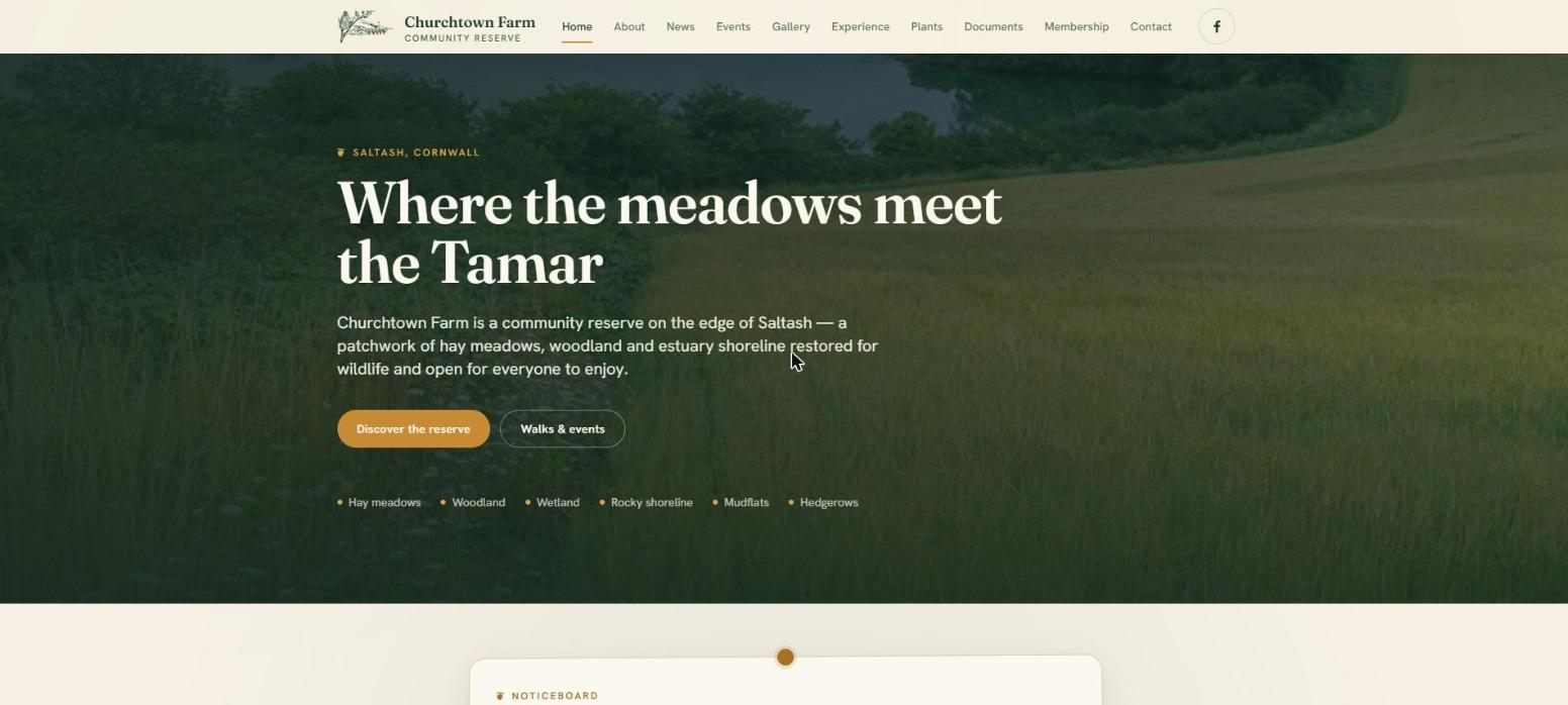 The Churchtown Farm Community Reserve home page, headed Where the meadows meet the Tamar.