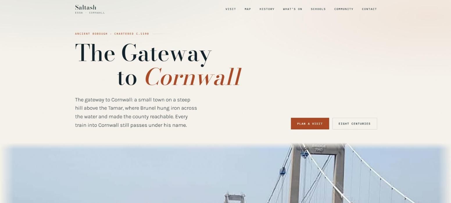 The Saltash town guide home page, headed The Gateway to Cornwall.